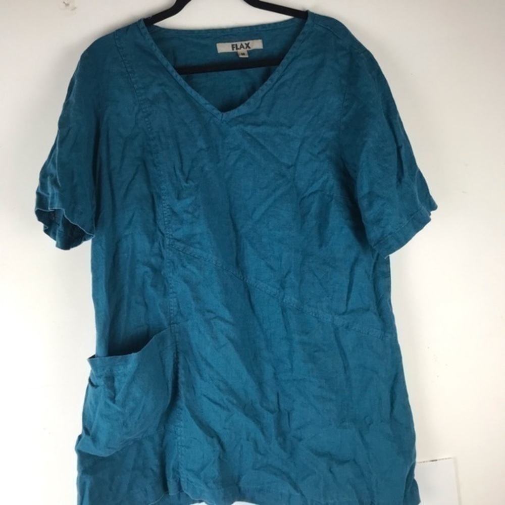 Flax,  deep turquoise Linen Tunic with right pocket, Size M
